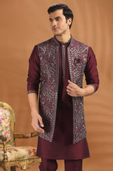 Maroon Silk Embroidered Kurta Pajama with Jacket